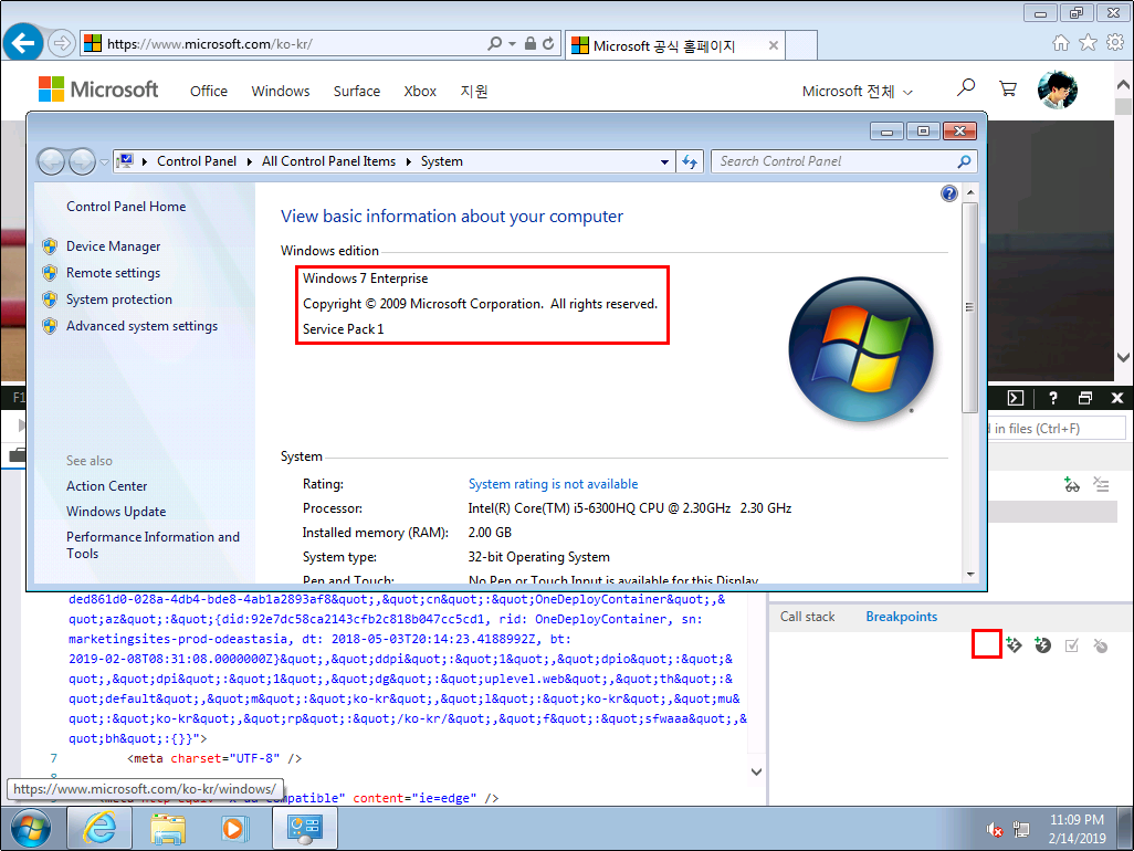 Windows 7 Enterprise - IE11 - 중단점 탭